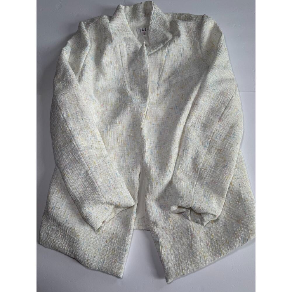 TCEC Blazer Womens Medium Ivory Tweed Pastel Speckled Open Front Jacket Career